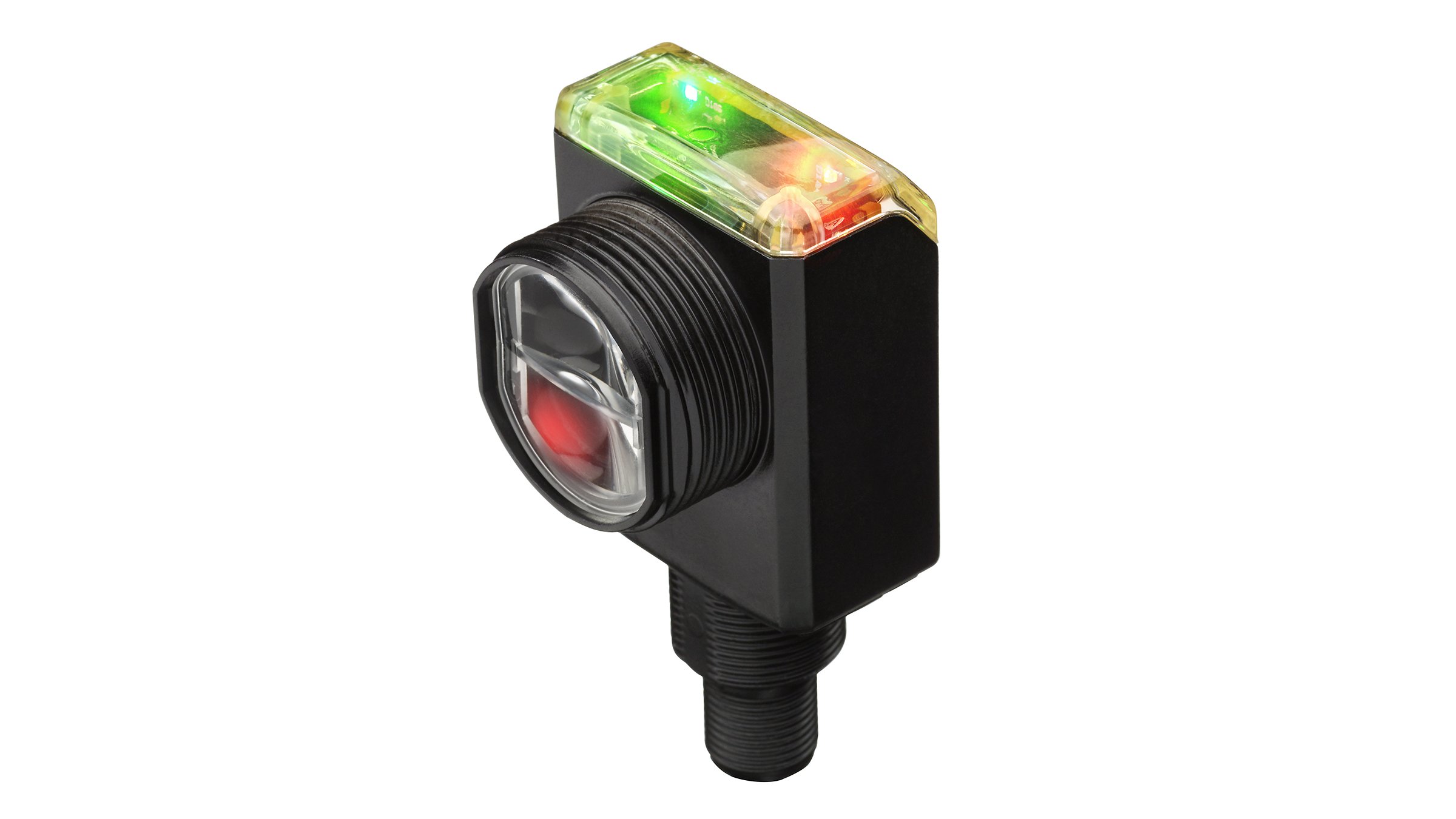 Black Allen-Bradley rectangular sensor with sensor head on front and red and green LED indication on top.