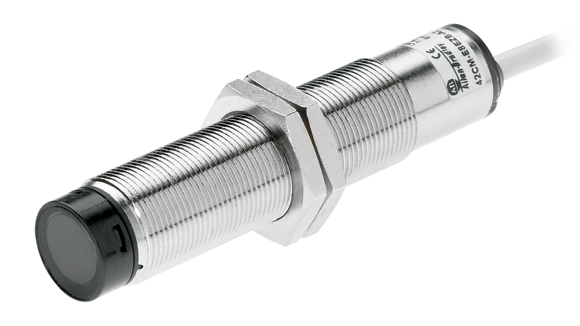 Allen-Bradley stainless steel threaded cylindrical sensor with mounting nuts and integrated cable.