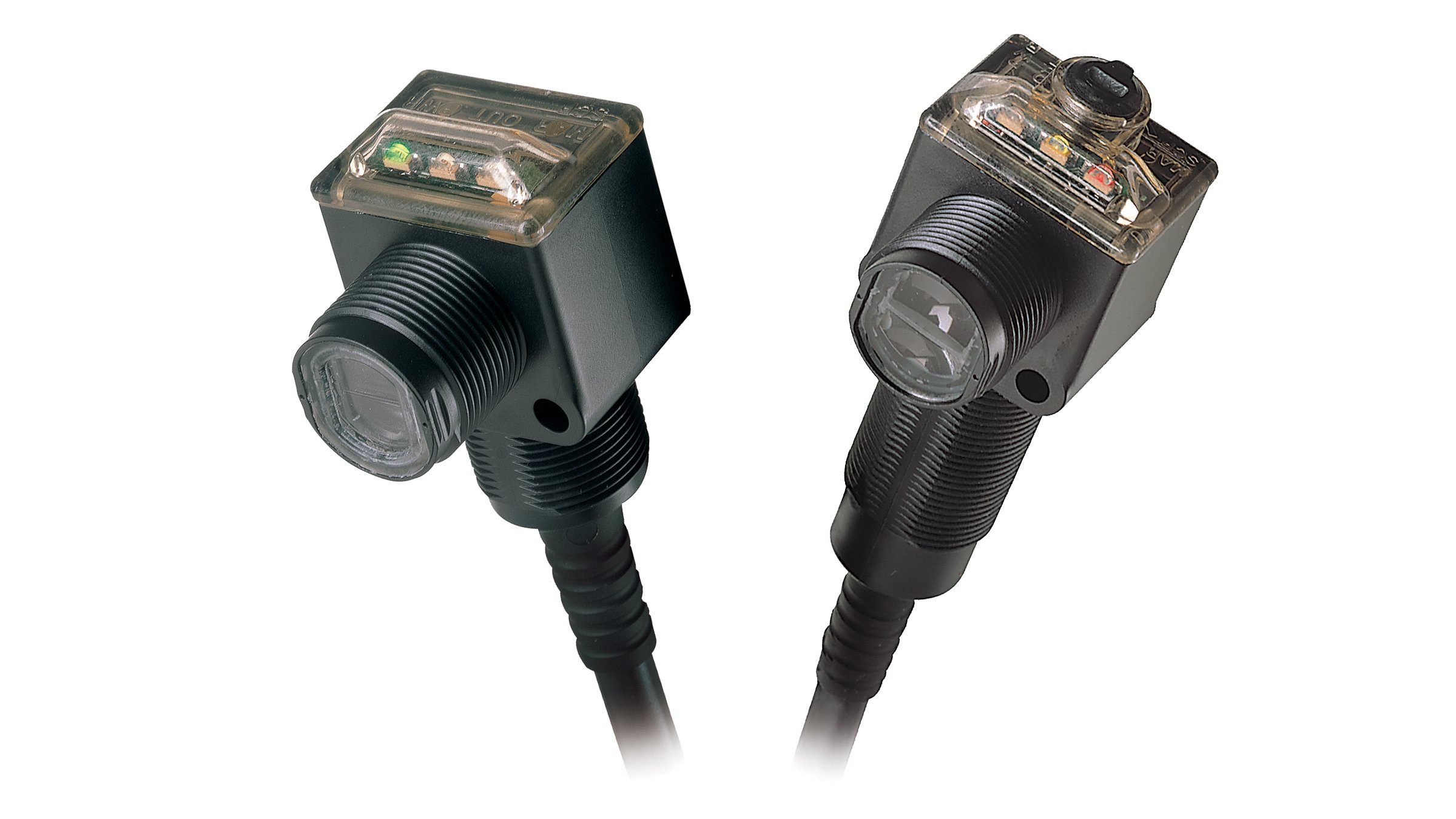Two Allen-Bradley black, rectangular sensors with integrated cables and circular sensor heads off the side and LED indicators on the top.