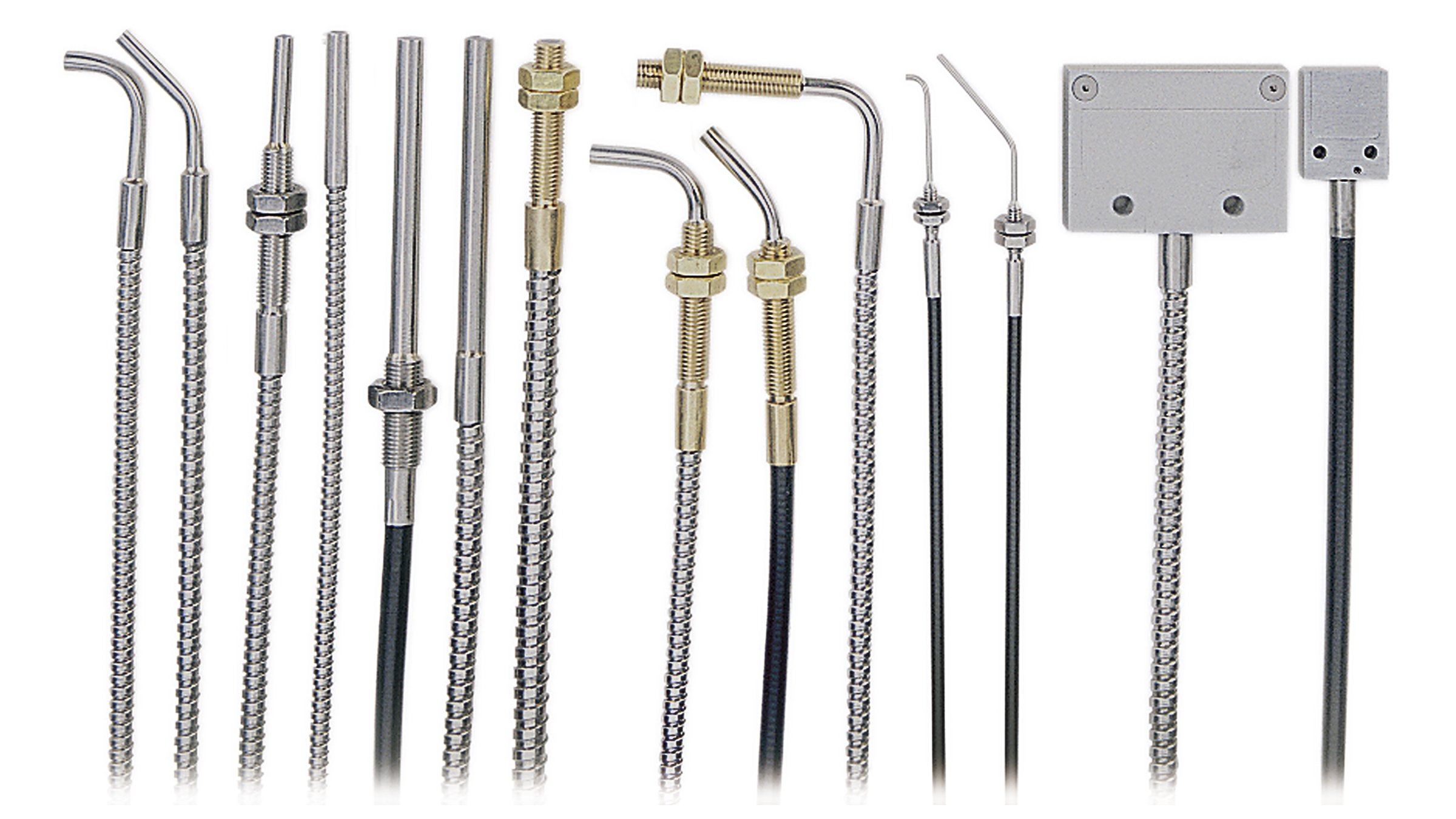 Fourteen Allen-Bradley thin stainless-steel fiber optic sensor cables of various shapes and colors.