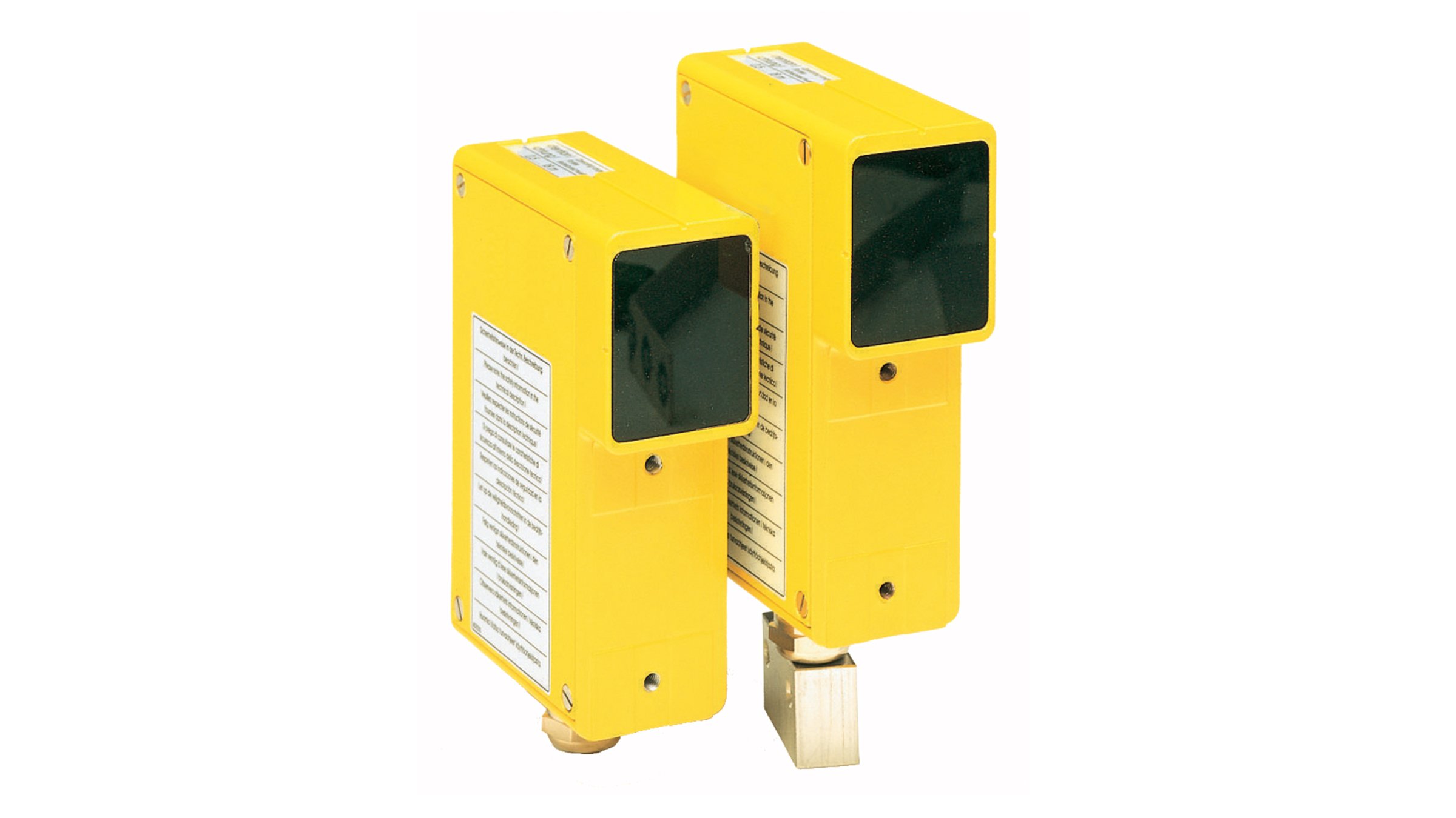 two yellow 440L Light Curtain Area Access Controls facing right