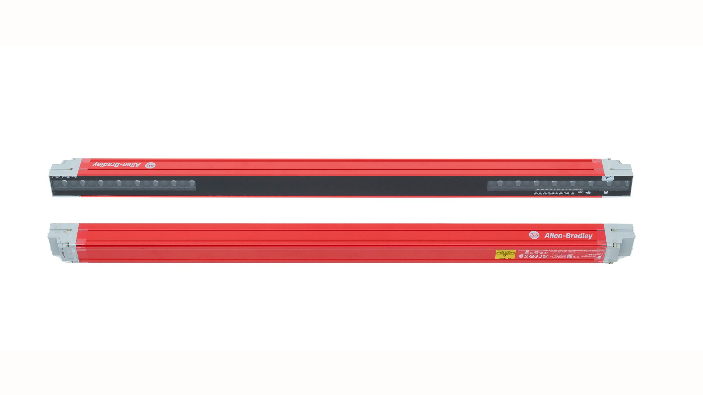 1050 mm Safety Light Curtain. A horizontally-positioned pair of 1050 mm long red safety light curtains with grey endcaps, and with lenses facing each other.