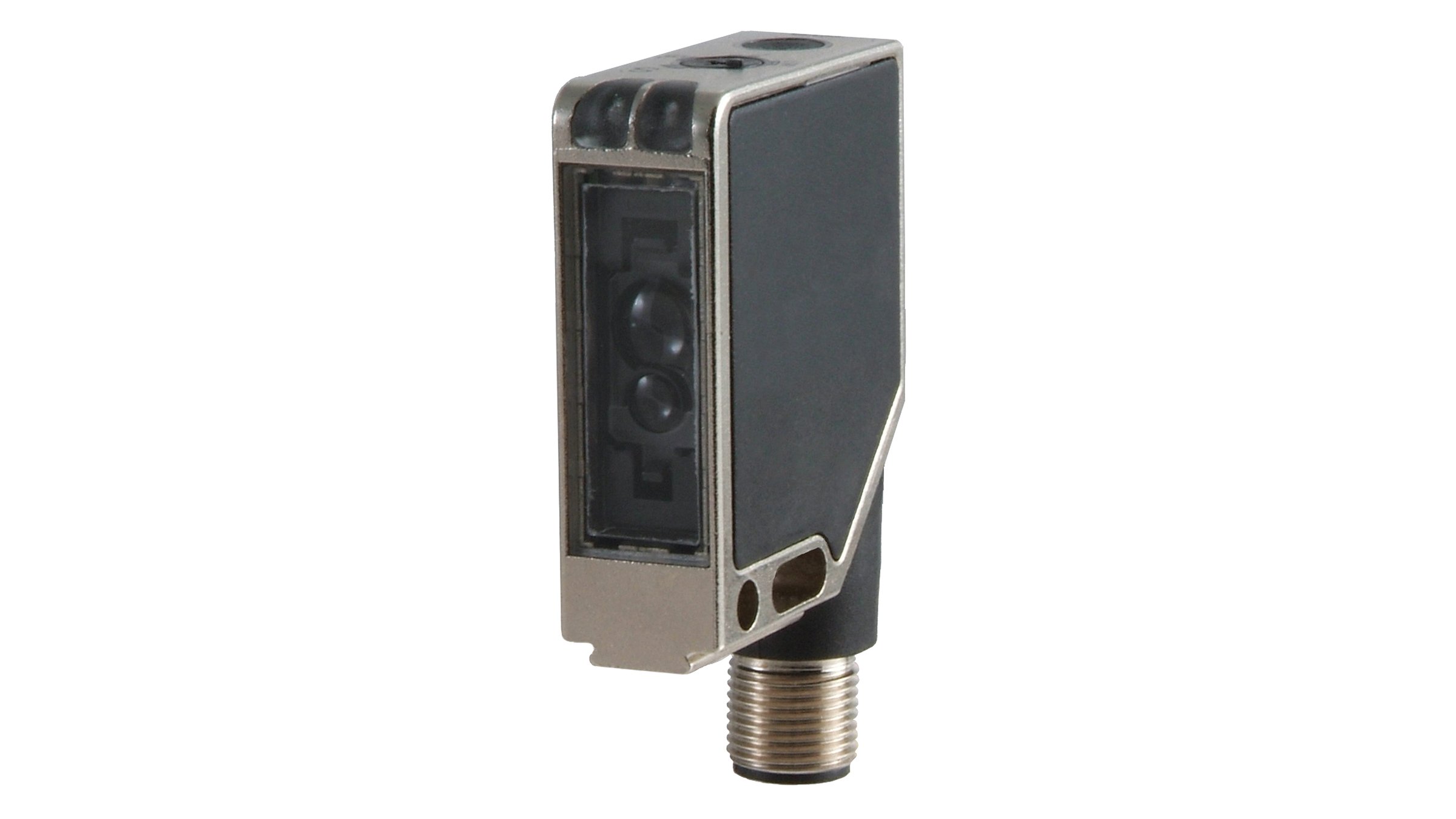 Allen-Bradley nickel & black plated rectangular sensor with threaded mounting bottom, side sensing and top LED indicators.