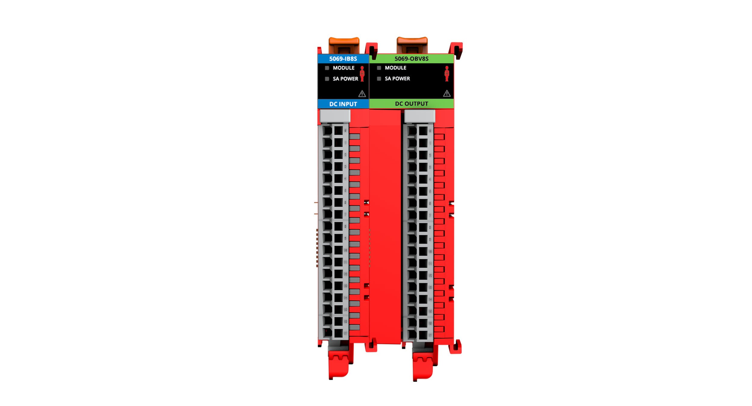 Vorderansicht der Allen-Bradley Compact 5000 Sicherheits-E/A-Modulen mit Bestellnummern 5069-IB8S und 5069-OBV8S