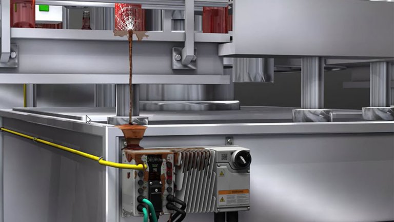 An industrial conveyance line. Red bottles appear above the line. A caustic fluid is dripping on the Armor PowerFlex product showing durability