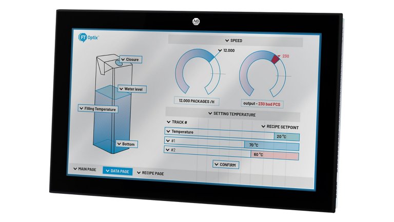 一个配有触摸屏的 OptixPanel HMI 面板，显示一个装有部分液体的容器的 3D 模型，带有多个调节器。