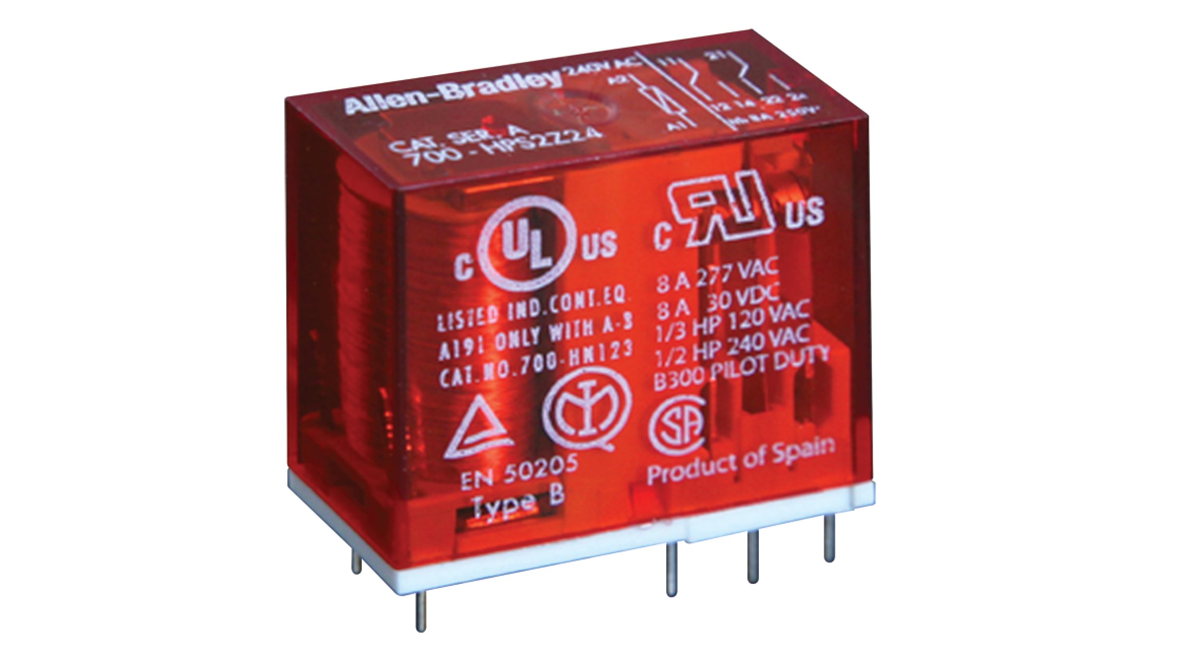 Allen-Bradley Bulletin 700-HPS PCB Pin Style Safety Control Relays feature mechanically linked contacts that are required for safety circuits