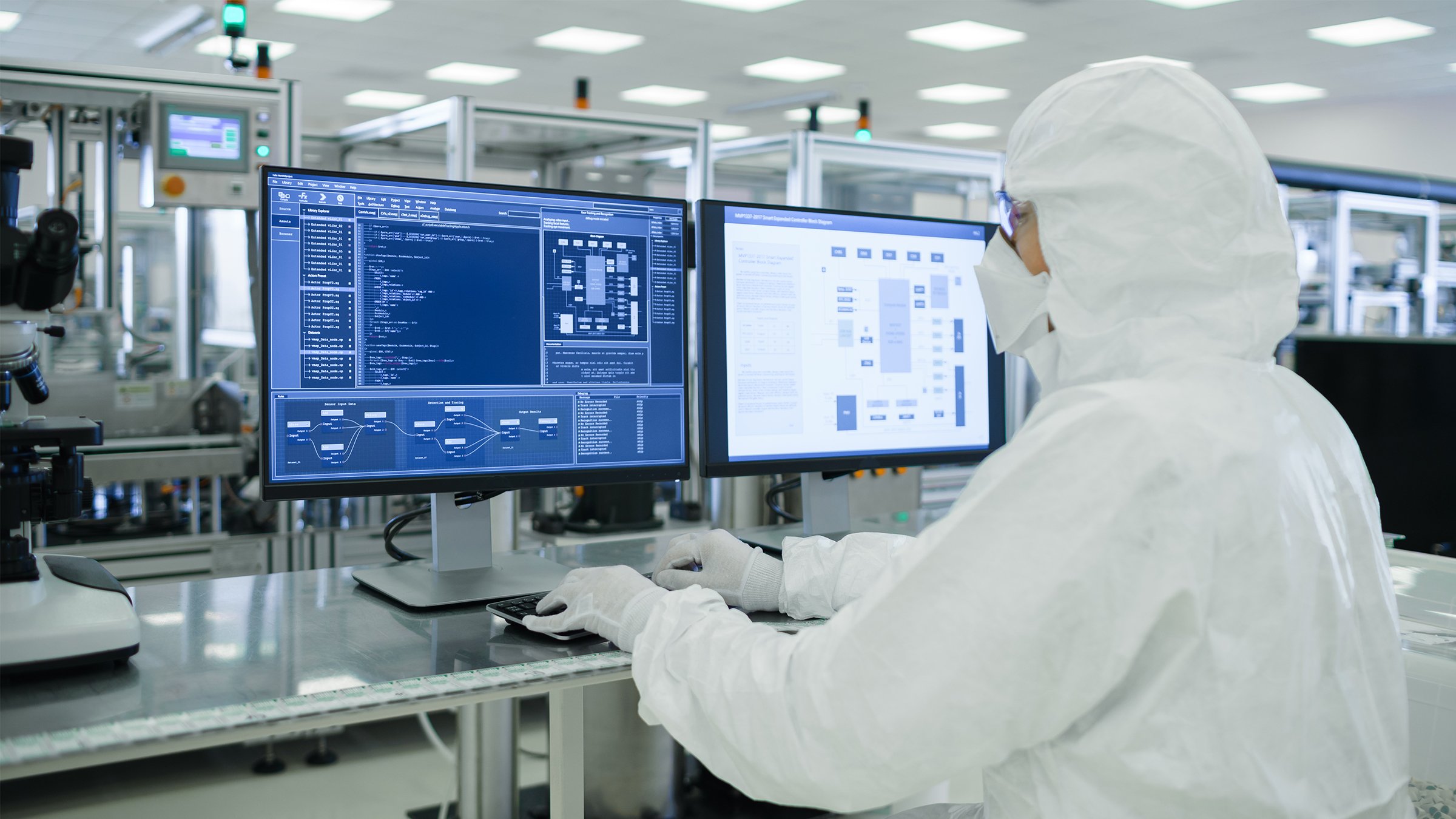 Life Sciences Lab worker in white suite with mask working on PC