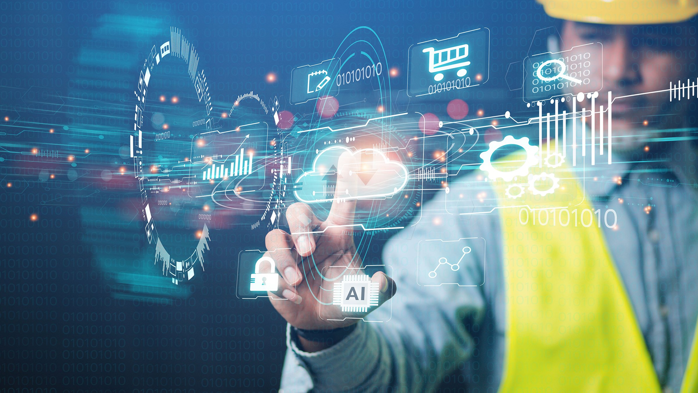 Engineers or businessmen show cutting-edge innovations in the automated cloud storage industry.