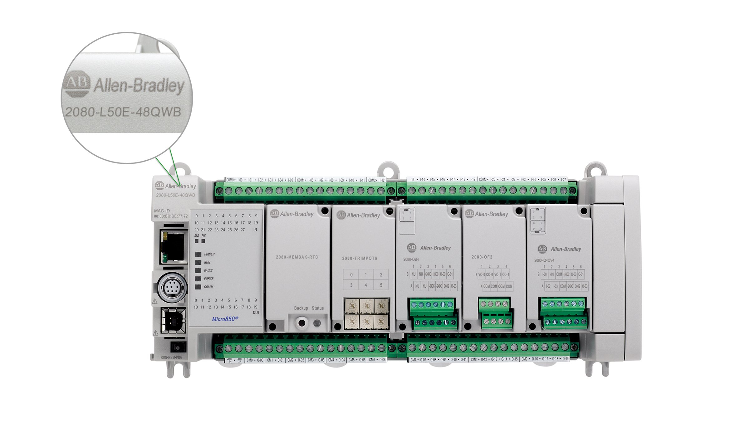 Front-facing view of an Allen-Bradley Micro850 controller, catalog 2080-L50E-48QWB, with a popup window at the top-left corner of the controller showing the magnified catalog number 