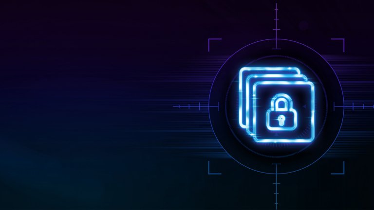 Icono de un candado de seguridad azul neón sobre un fondo oscuro con un degradado de morado a verde.