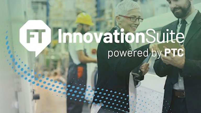 Two executives viewing InnovationSuite powered by PTC software on a tablet with a plant worker wearing a yellow hard hat shown behind them