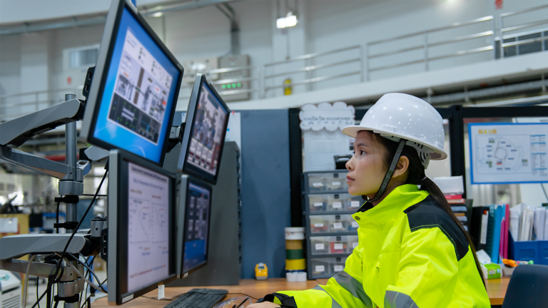 A woman in a white safety helmet and neon safety vest typing on a keyboard and viewing four computer monitors in a large industry factory